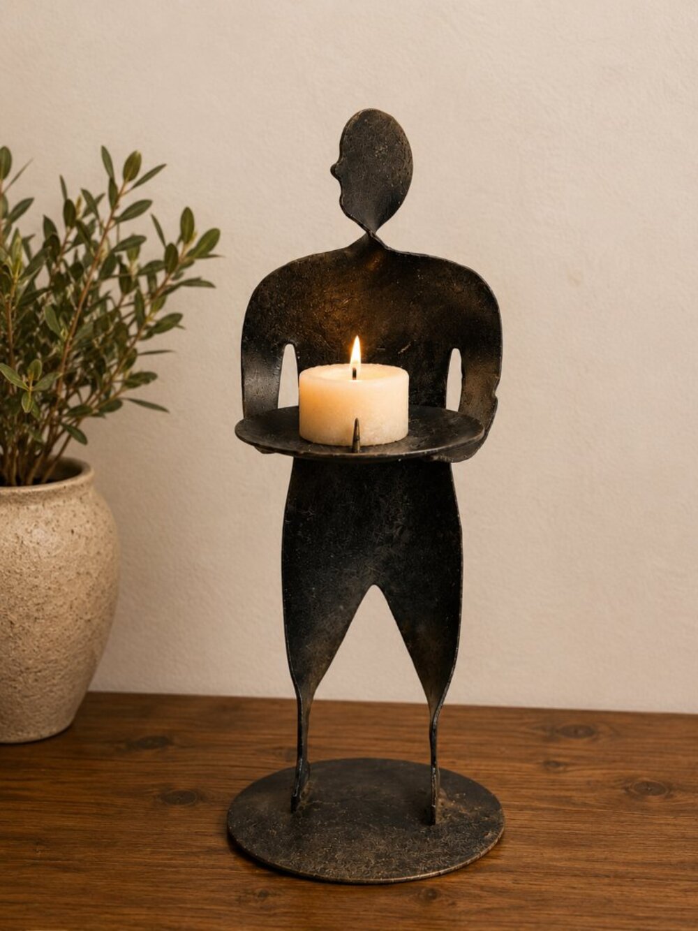 Vintage Brutalist Metal Figure Candle Holder Sculpture 12” Folk Art MCM